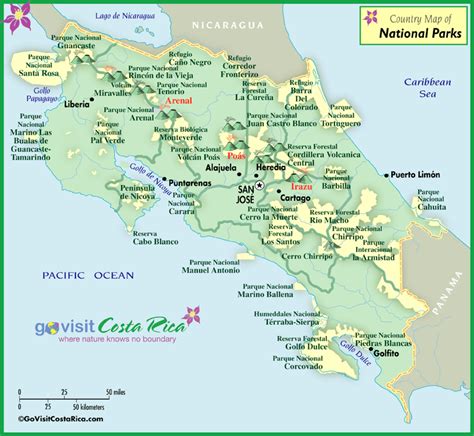 costa rica travel map with national parks